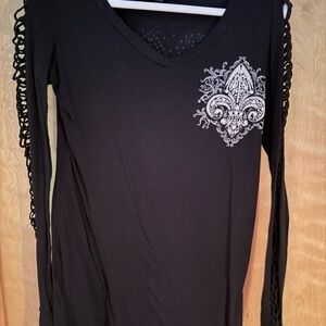 Black Long Sleeve Top with Silver Fleur-de-Lis Design